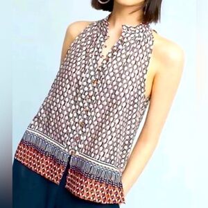Maeve Women's Prema Tank Button Boho Ethnic Mixed Print Ruffles Halter size M